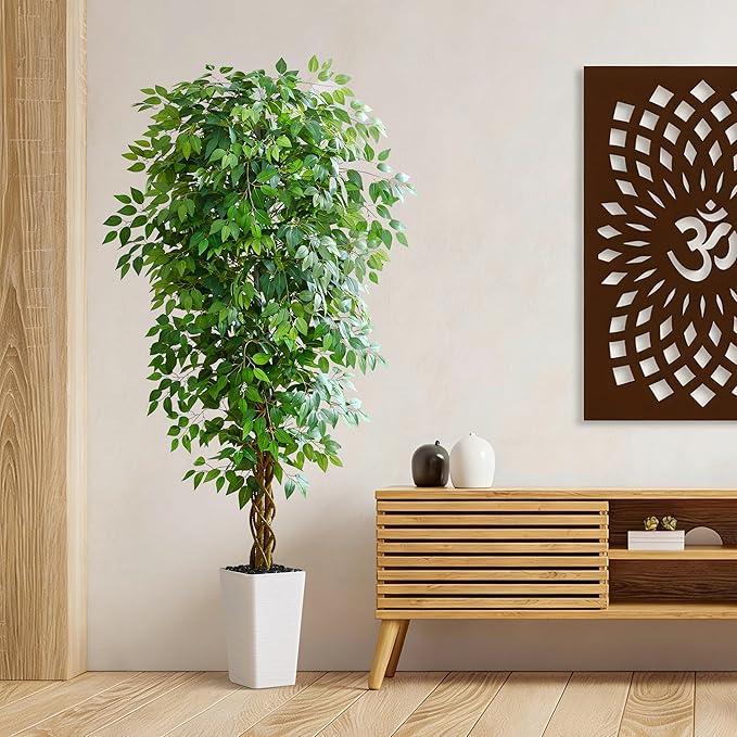 Artificial Ficus Tree 7FT Faux Floor Tree with Planter UV Resistant Potted Fake Silk Plant, Real Wood Trunk-Indoor Outdoor Lifelike Fake Ficus Tree for Home, Living Room Bedroom Topiary Tree