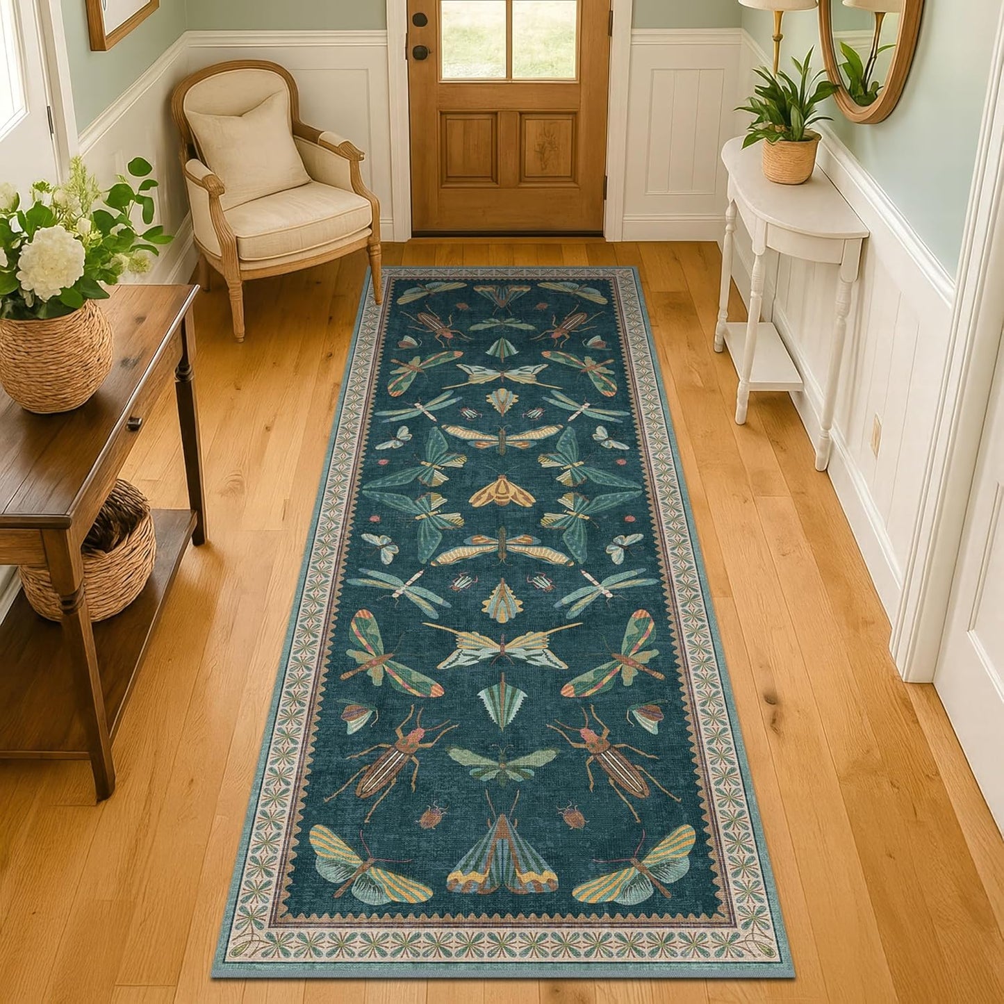 Brown and Green Kitchen Sink Runner Rug 2x6 - Teal Boho Bathroom Rugs for Entrance Indoor, Insect Print Floral Vintage, Washable Non Skid Stain Resistant