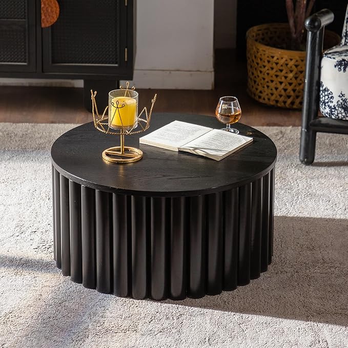 27.56" Round Lift-Top Coffee Table, Modern Fluted Tea Table with Hidden Storage for Living Room, Apartment or Office, Black