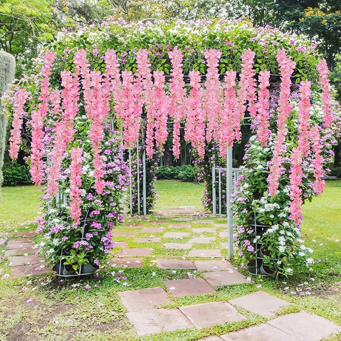 U'Artlines 24 Pack (Total 86.4 Feet) Artificial Fake Wisteria Vine Rattan Hanging Garland Silk Flowers String Home Party Wedding Decor (24, Pink)