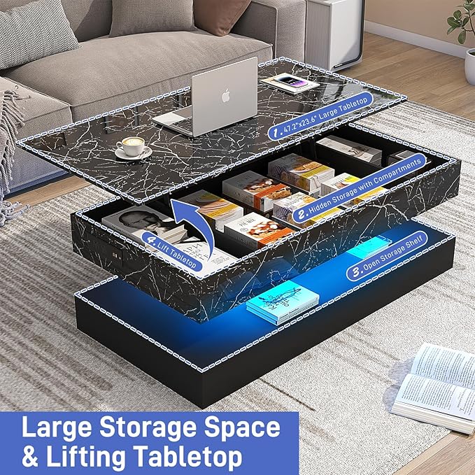 47.2" Large Lift Top Coffee Table with Charging Station, LED Modern High Glossy Center Table with Hidden Compartment Storage, Black Lift Living Room Tables with Marbling Print, Black
