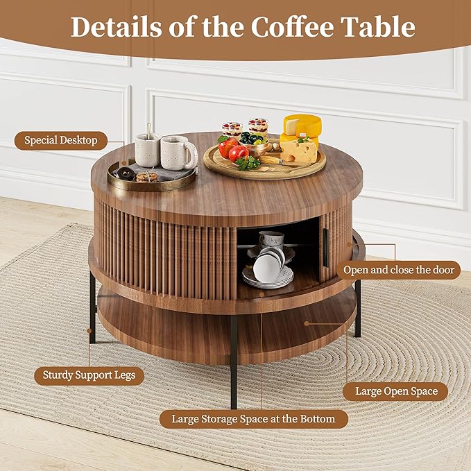 AQY Round Flip Top Coffee Table with Storage, 31.4" Multifunctional Wooden Center Table with Large Hidden Compartment & Open Shelves, Modern Coffee Table for Living Room, Office, Assembly Required