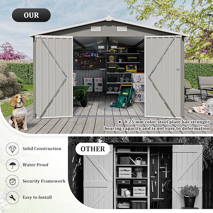 10x14 FT Outdoor Storage Shed, Large Metal Garden Shed with Side Door, Outside Tool Sheds with 3 Lockable Hinged Doors, Waterproof Storage Building with 4 Air Vents for Backyard, Patio, Light Gray