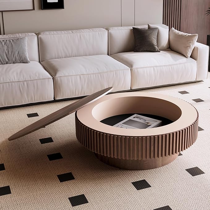 39" Round Coffee Table with Hidden Storage Compartment, Modern Handcraft Fluted Drum Coffee Table, Wooden Circle Center Table Cocktail Tea Table with Sturdy Pedestal for Living Room, Walnut