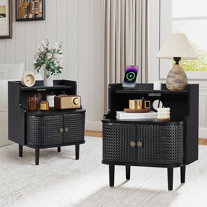 Metal Rattan End Table Set of 2 with Charging Station, Mid Century Modern Nightstand with 2 Doors, Bed Side Table with Storage for Couch,Living Room, Sofa Side Table for Office,Dorm - Black