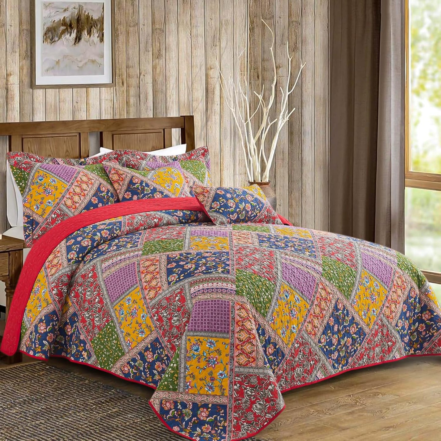 VAPUTAR Cotton Quilt Queen Size Set, Quilted Bedspread Coverlet (90 * 98 Inch) with 2 Pillowcovers, 3 Pieces Lightweight Farmhouse Style with Patchwork Design Queen Quilt Bedding Set for All Season