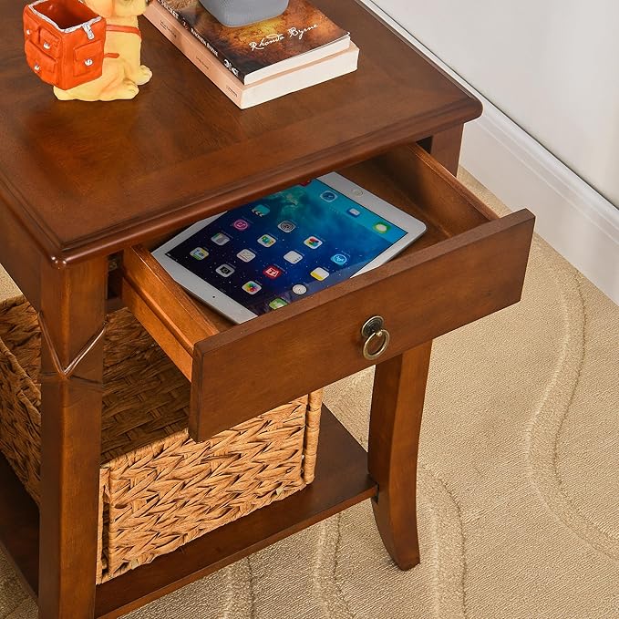 Solid Wood End Table with Drawer, Beside Table, Nightstand, Mid-Century Modern Funiture with Storage Shelf, 19.7" x 15.7" x 27.6" High Living Room Side Table with Wood Frame, Cherry Walnut GBJ-DR200