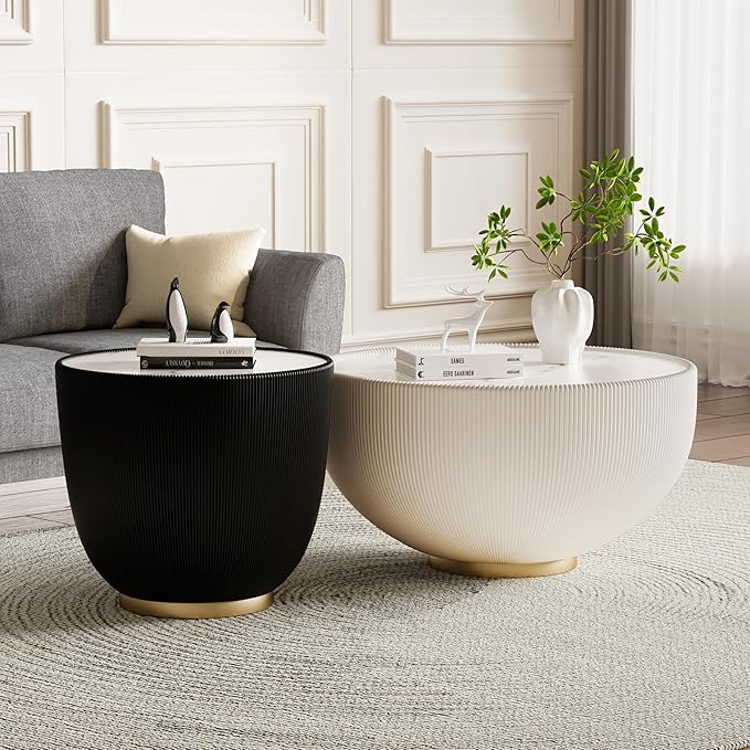 Round Living Room Table Set, 27.56" White Drum Center Table and 19.69" Black Center Table Set, 2 Pieces Coffee Table Set with Sintered Stone Tabletop, Fluted PU Leather Covered and Metal Base