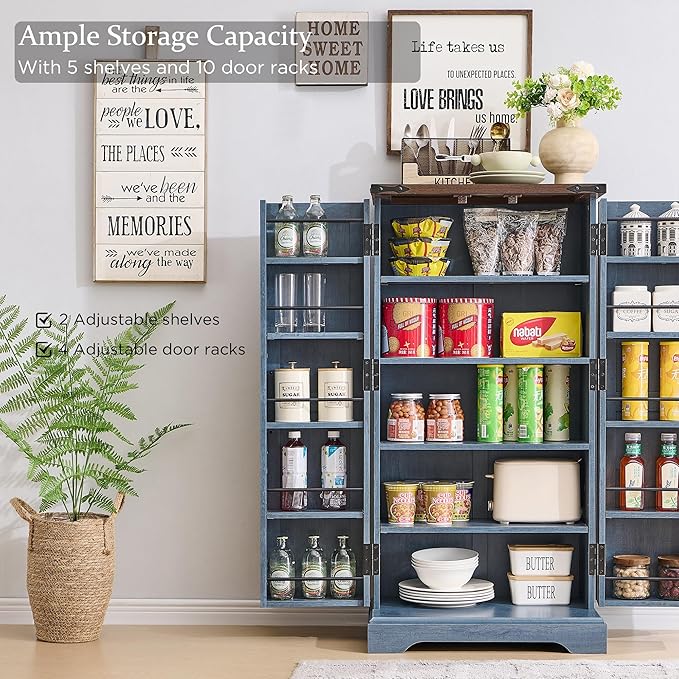 ACCOHOHO 47" Kitchen Pantry, Farmhouse Storage Cabinet with Barn Doors, Organizer and Adjustable Shelves, Rustic Wood Cupboard for Kitchen, Dining Room, Bathroom and Hallway, Rustic Blue