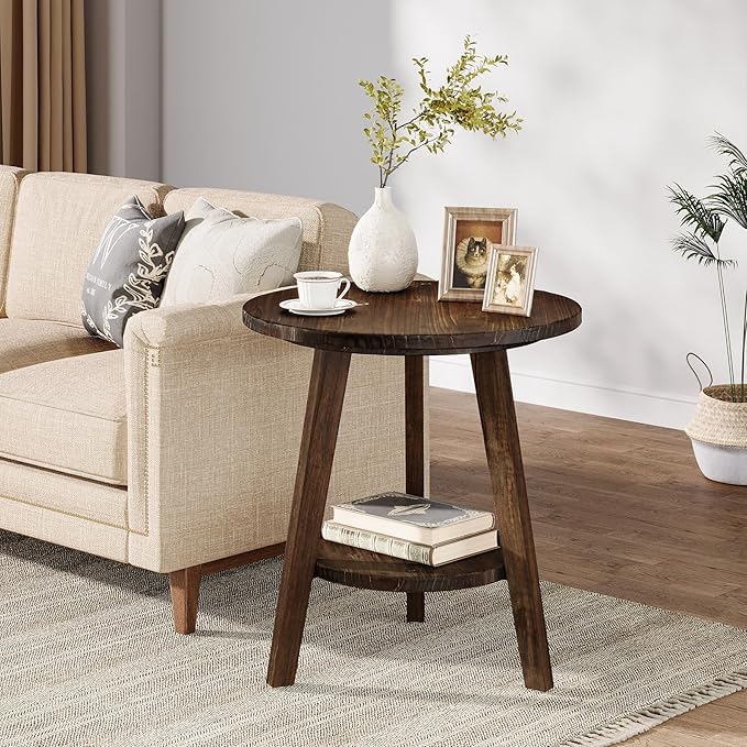Solid Wood Round End Table, Sofa Side Table with Storage Shelf, Farmhouse Nightstand for Living Room, Bedroom, Easy Assembly (Dark Brown, 1 PC)