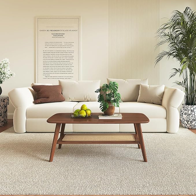 Coffee Table Small Solid Wood Center Table Mid Century Vintage Living Room Coffee Table, Walnut Rattan 47.24 Inch