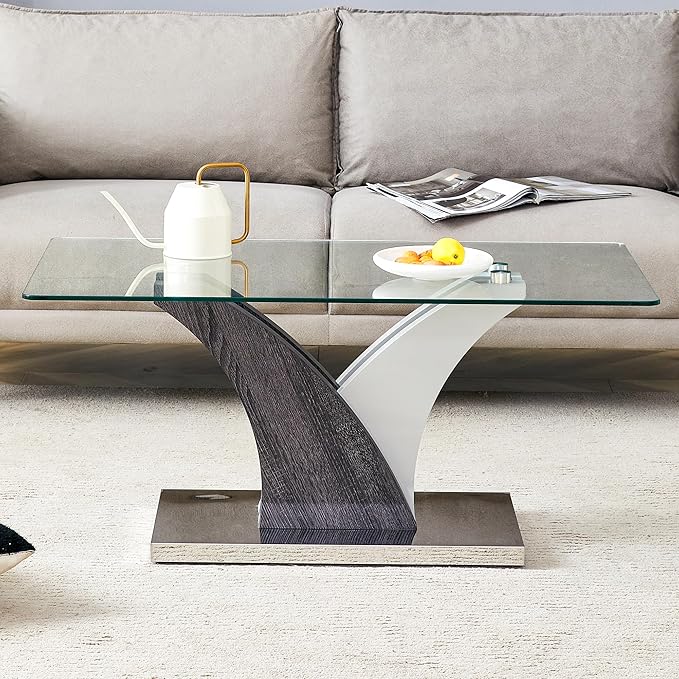 Rectangular Glass Coffee Table for Living Room, 39" Modern Clear Center Table, Tempered Glass Living Room Table with Wood Grain Textures Base