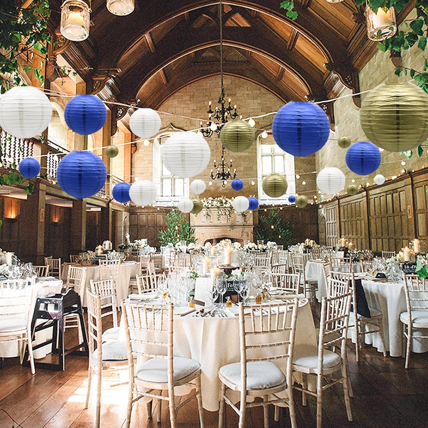 Paper Lanterns Party Decorations Navy Blue Gold - Hanging Paper Lanterns Indoor Outdoor - Wedding Graduation Retirement Bachelorette Birthday Baby Shower Party Supplies, 15pcs