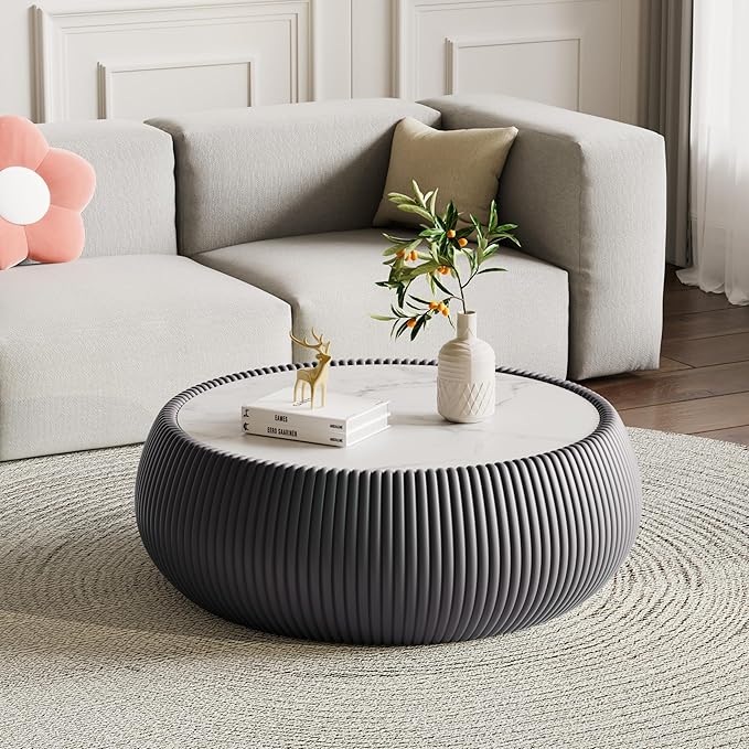 27.55" Grey Round Coffee Table, Drum Coffee Table with Sintered Stone Tabletop and Fluted PU Leather Covered and Stable Base, Circle Cocktail Tea Table for Living Room