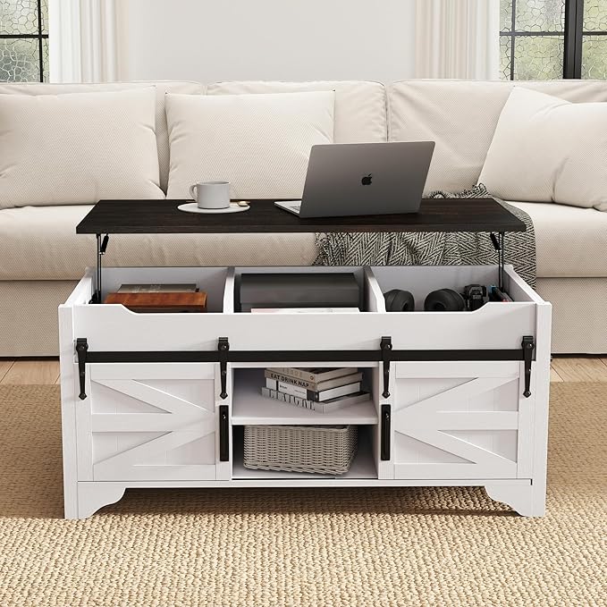 Lift Top Coffee Table with Sliding Barn Door 47.64" W Rustic Storage Coffee Tables, Wood Rectangle Center Table with Hidden Storage Compartment for Home, Office, White and Black