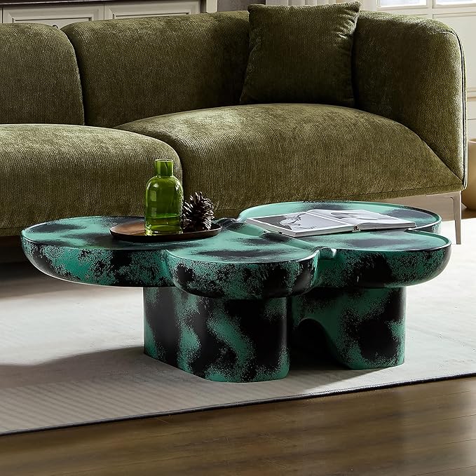 Large 47-inch Modern Glass Top Coffee Table, Mid-Century Green & Black Accent Table for Spacious Living Room, Lounge or Office (Green + Black)