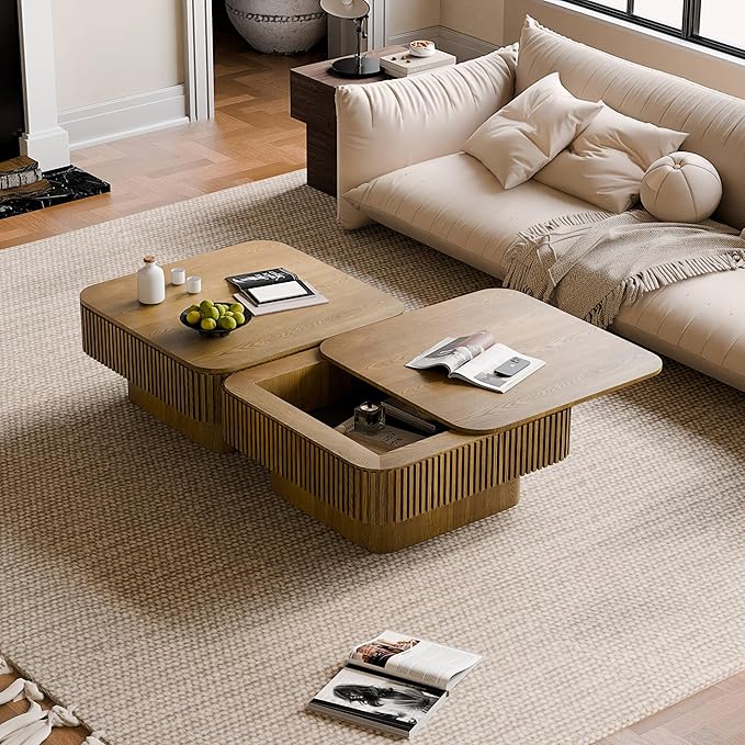 31.5'' Square Coffee Table with Storage, Mid Century Modern Fluted Drum Center Tables with Lid, Solid Wood Modern Coffee Table Accent Tea Table for Living Room, Bedroom, Apartment or Office, Brown