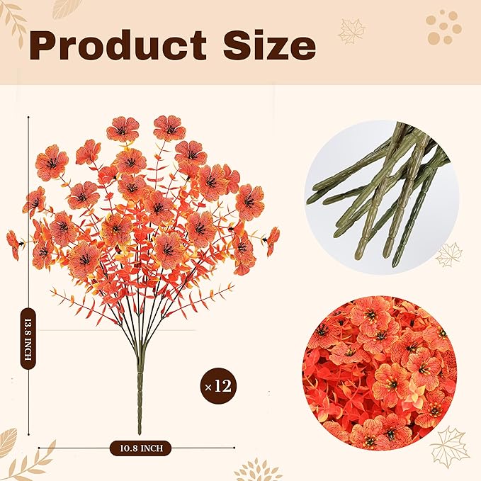 Der Rose 12 Bundles Faux Artificial Mums for Outdoors Fake Fall Flowers Plants Fall Decoration UV Resistant for Outside Home Porch Patio Garden Decor（Orange）