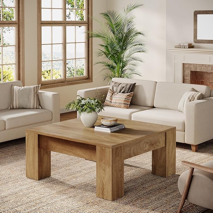 Tribesigns Square Coffee Table, 39-Inch Farmhouse Wooden Coffee Table with Sturdy Legs, Rustic Accent Center Table for Living Room, Easy Assembly, Light Brown
