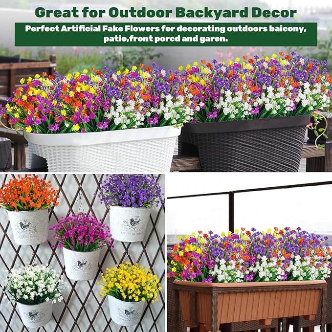 Lnoicy Artificial Flowers for Outdoor,10pcs Plastic Flowers Decoration, UV Resistant Faux Flowers Shrubs, Artificial Plants for Indoor Outside Garden Home Wedding Farmhouse(5 Color)