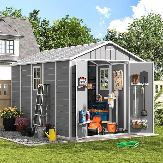 Amopatio Outdoor Storage Shed with Floor, 8x10 FT Lockable Plastic Tool Shed with Ventilation, Waterproof Resin Garden Sheds for Backyard, Patio, Lawn and Bike Grey