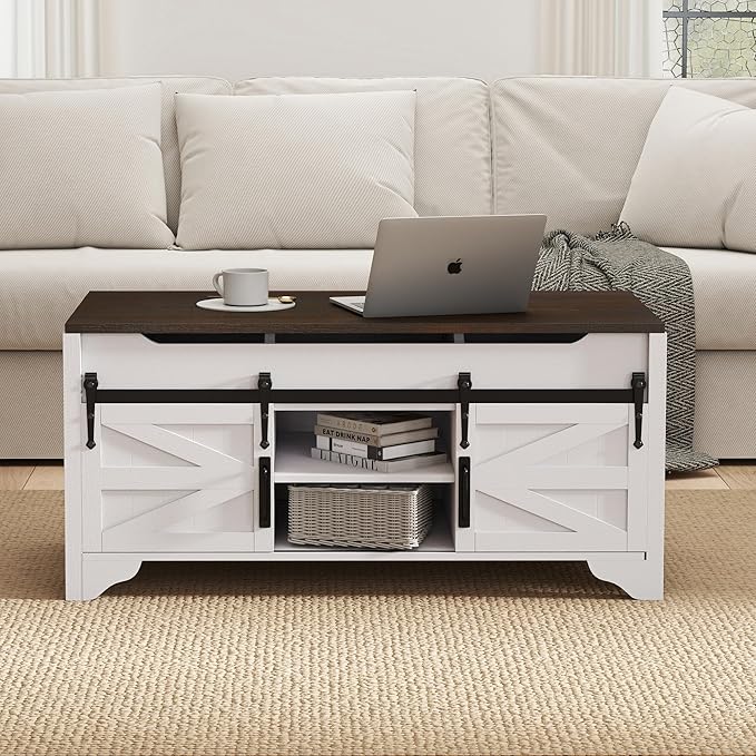 47.64" W Lift Top Coffee Table with Sliding Barn Door Rustic Rectangle Storage Coffee Tables, Wood Center Table with Hidden Storage Compartment for Home, Office, White and Brown