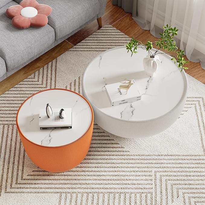 Round Living Room Table Set, 27.56" White Drum Center Table and 19.69" Orange Center Table Set, 2 Pieces Coffee Table Set with Sintered Stone Tabletop, Fluted PU Leather Covered and Metal Base