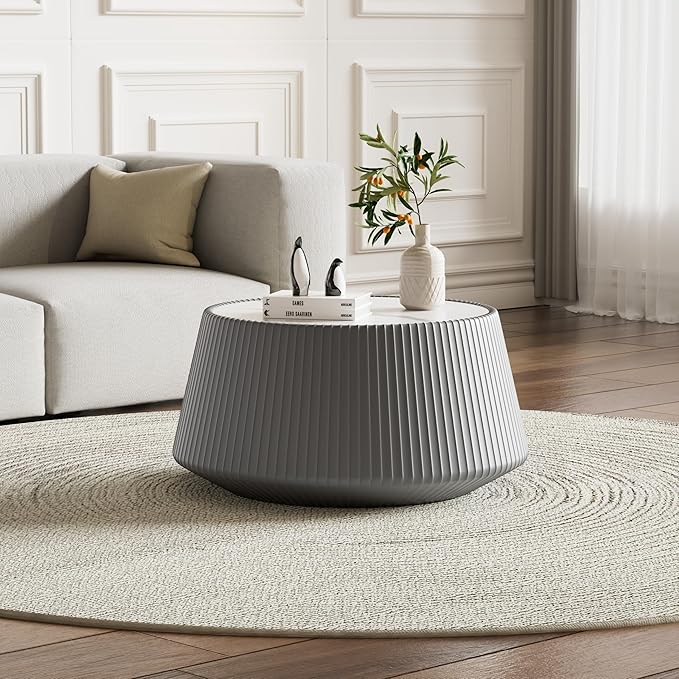 26.77" Grey Round Coffee Table, Drum Coffee Table with Sintered Stone Tabletop and Fluted PU Leather Covered and Stable Base, Circle Cocktail Tea Table for Living Room