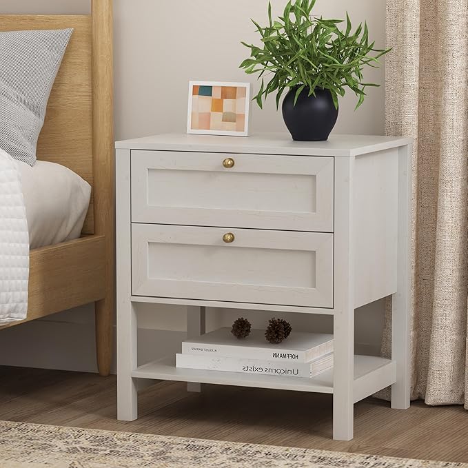 End Tables Set of 2 with 2 Drawers, Farmhouse Nightstand with Open Shelf, Modern Bedside Cabinet Side Table Night Stand for Bedroom, Living Room, Antique White