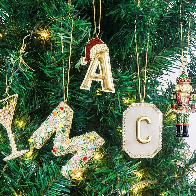 2025 Christmas Initial Ornament, Letter Ornaments for Xmas Tree,Hanging Christmas Red Hat Ornament for Mother Best Friends Sister Wife
