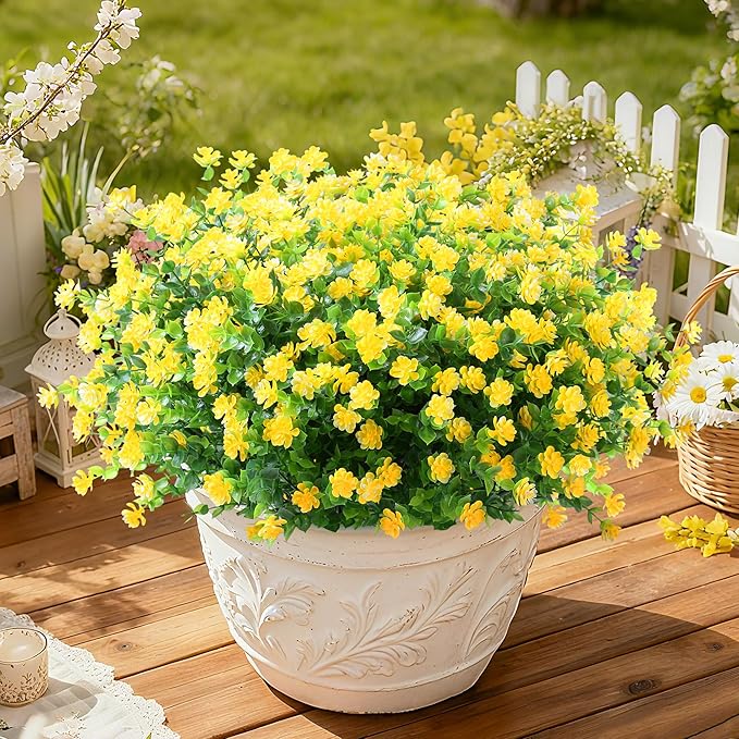 SITUMEIZI 8 Bundles Yellow Artificial Flowers Outdoor Fake Flower Plastic UV Resistant Shrubs Greenery Plants Hanging Decorations Garden Porch Window Box Farmhouse Outside Summer Indoor Decor