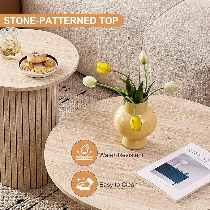 Round Nesting Coffee Tables Set of 2 -φ27.6 Large Short + φ15.8 Small Tall Boho Circle Side Tables with Fluted Drum Design, Beige