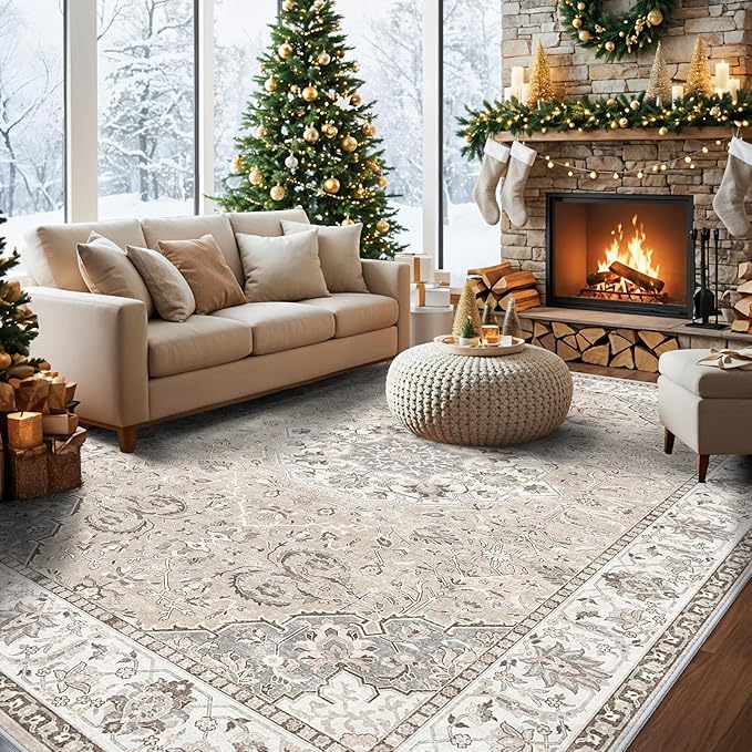 12x15 Living Room Area Rug: Oriental Large Neutral Bedroom Carpet Soft Distressed Floor Mat with Non-Slip Backing Indoor Ultra Thin Water-Resistant Dining Room Rug Farmhouse Home Decor(12x15 Beige)