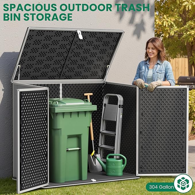 Horizontal Outdoor Trash Can Storage Shed, 304 Gallon Resin Garbage Can Storage Shed with Lockable Doors & Lift Lid, Waterproof Bin Shed for Backyard, Patio & Garden (Gray)