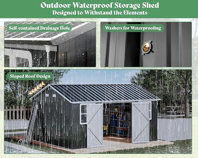 VanAcc 12x14x8.5 FT Galvanized Steel Outdoor Storage Shed with 2 4-Pane Windows Lockable Door, Nordic Cottage Shed for Backyard, Garden, Patio, Dark Grey/White