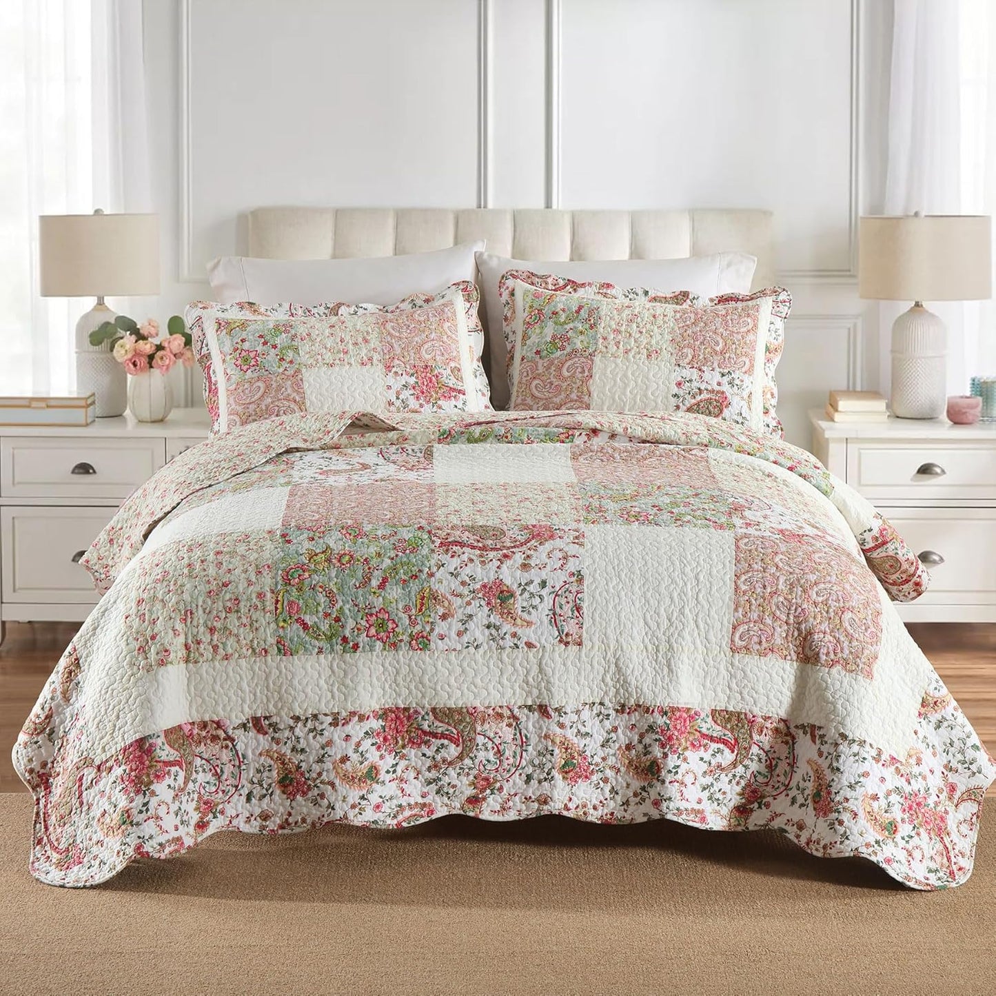 Secgo King Comforter Set for Bed - 100% Cotton Quilts King Size, Black Bedspreads (98 * 104Inch) with 2 Pillow Shams, Patchwork Reversible Lightweight Bedding
