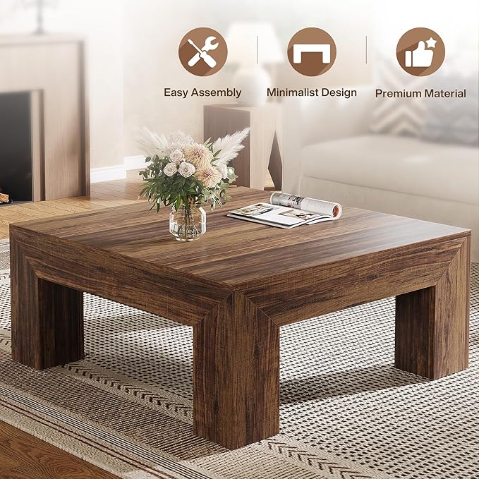 Tribesigns 39.4-Inch Square Coffee Table for Living Room, Farmhouse All MDF Center Cocktail Tea Table with Sturdy Wooden Legs, Easy Assembly, Dark Brown