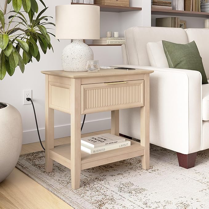 Bush Home Fluted Nightstand with Drawer, Bedroom Furniture, Camille Collection, Natural Birch Beige