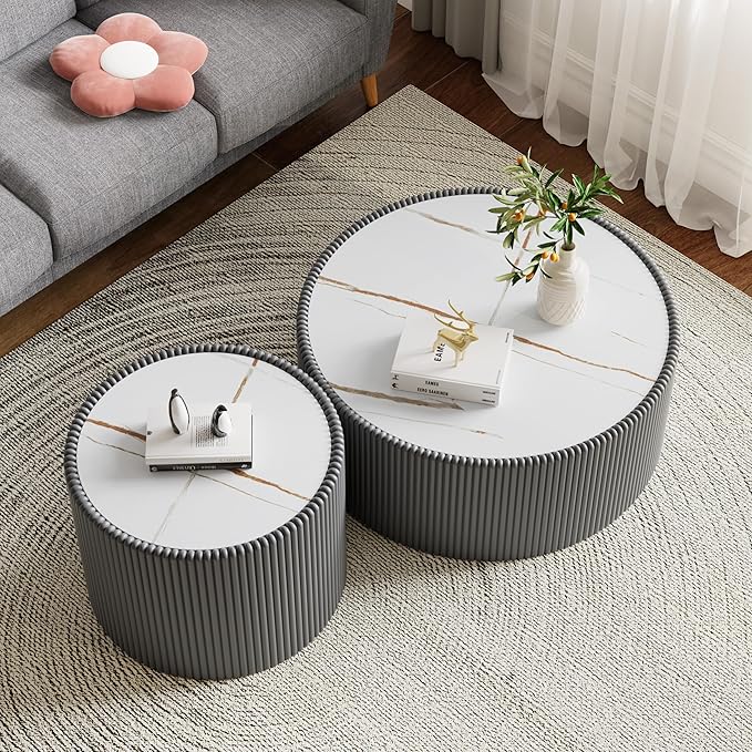 Round Living Room Table Set, 29.52" Grey Drum Center Table and 17.71" Grey Coffee Table Set, 2 Pieces Coffee Table Set with Sintered Stone Tabletop,Fluted PU Leather Covered and StableBase