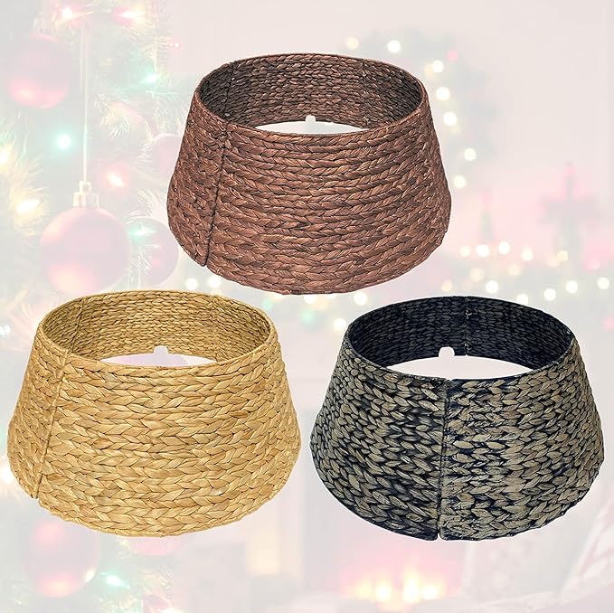 Handwoven Christmas Tree Collar – Natural Water Hyacinth Rattan Ring, Rustic Boho Holiday Decoration for Artificial Trees, Cozy Farmhouse Look (27 inch, Brown Wash)