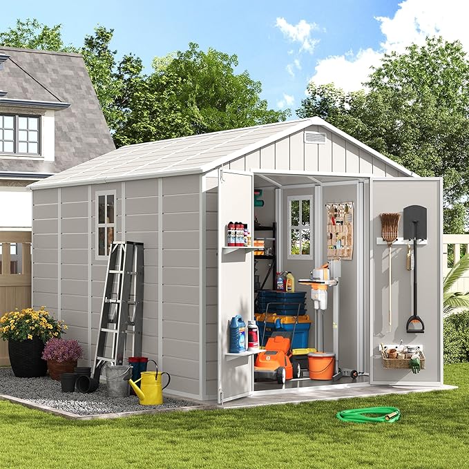 Amopatio Outdoor Storage Shed with Floor, 8x10 FT Lockable Plastic Tool Shed with Ventilation, Waterproof Resin Garden Sheds for Backyard, Patio, Lawn and Bike Bedge