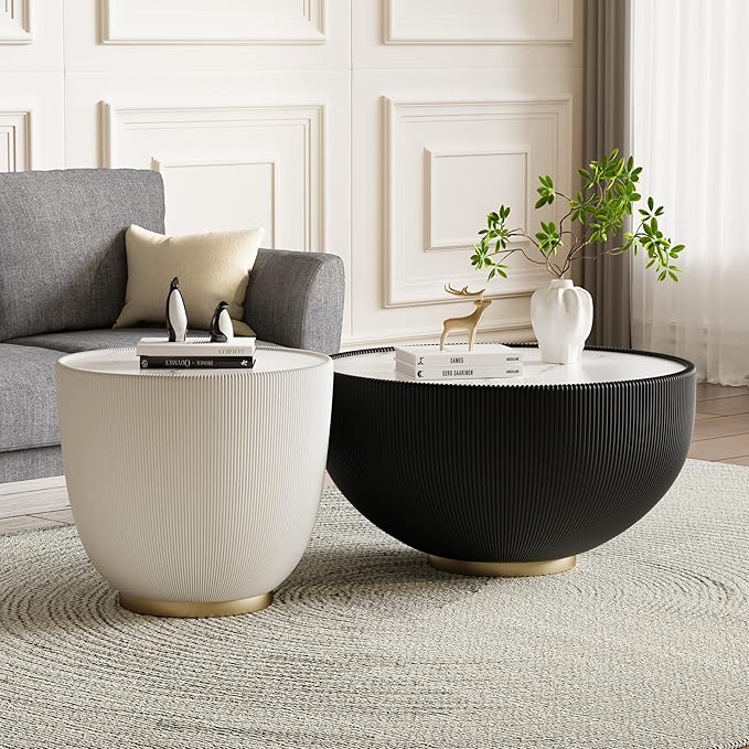 19.69" White Round Coffee Table, Drum Coffee Table with Sintered Stone Tabletop and Fluted PU Leather Covered and Metal Base, Circle Cocktail Tea Table for Living Room