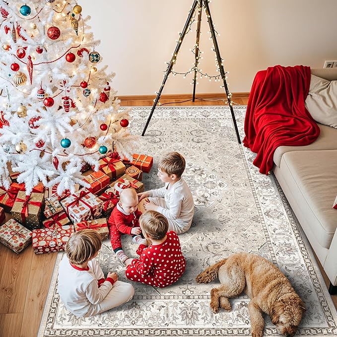 5x7 Living Room Area Rugs: Washable Non-Slip Stain Resistant Rug for Bedroom Dining Room Vintage Ultra Soft Indoor Carpet for Nursery Kitchen Farmhouse Thin Floor Mat for Home Office (5x7 Beige)