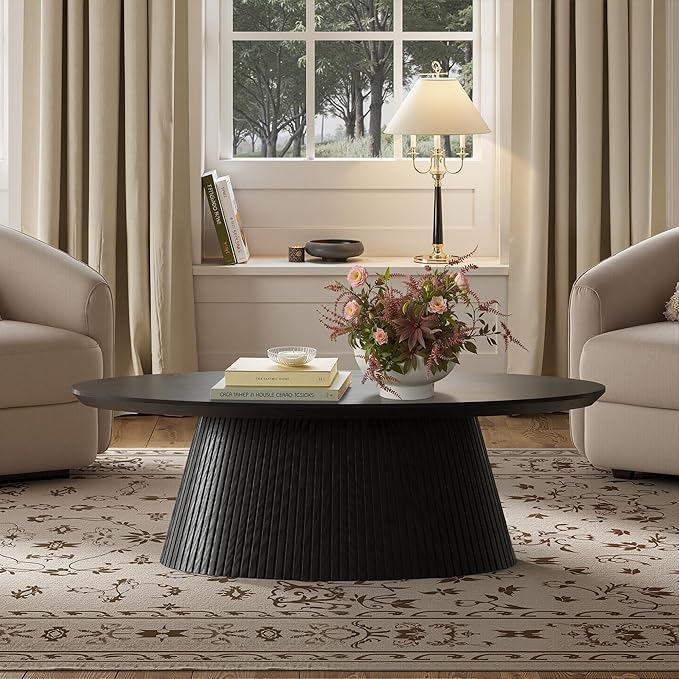 win2win Oval Coffee Table, Modern Coffee Table with Fluted Design, Minimalist Tea Table with Wood Grain Veneer, Small Funky Center Table for Living Room, Apartment, Office, Black