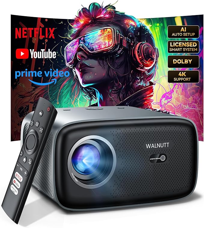 Smart Projector with WiFi and Bluetooth Built-in Streaming Apps, Portable Mini Outdoor Projector, AI Auto Focus & Keystone, Home Movie Projector with 30W Dolby, HDR10+, Ceiling Projector for Bedroom