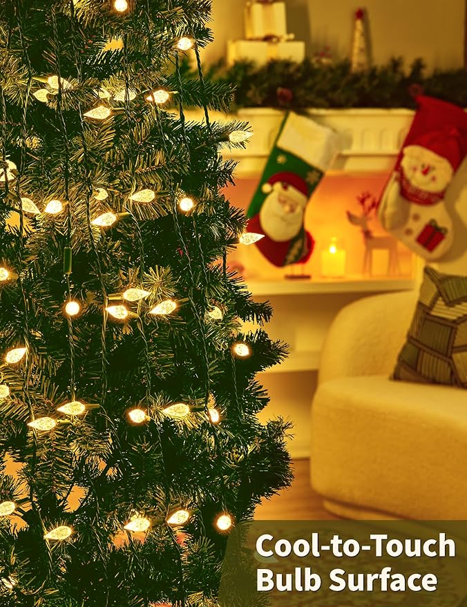 BOHON Christmas Lights Outdoor, Faceted C6 25ft 50 LED String Lights Plug in, Waterproof Extendable Green Wire Christmas String Lights for Indoor Patio Xmas Tree Decoration (Warm White)
