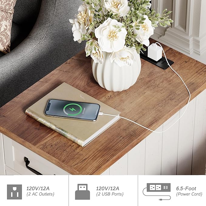 WAMPAT 2 Pack End Tables with Charging Station, Farmhouse Side Table with Drawer & Storage Cabinet, White Nightstand with Power Outlets & USB Ports for Living Room, Bedroom