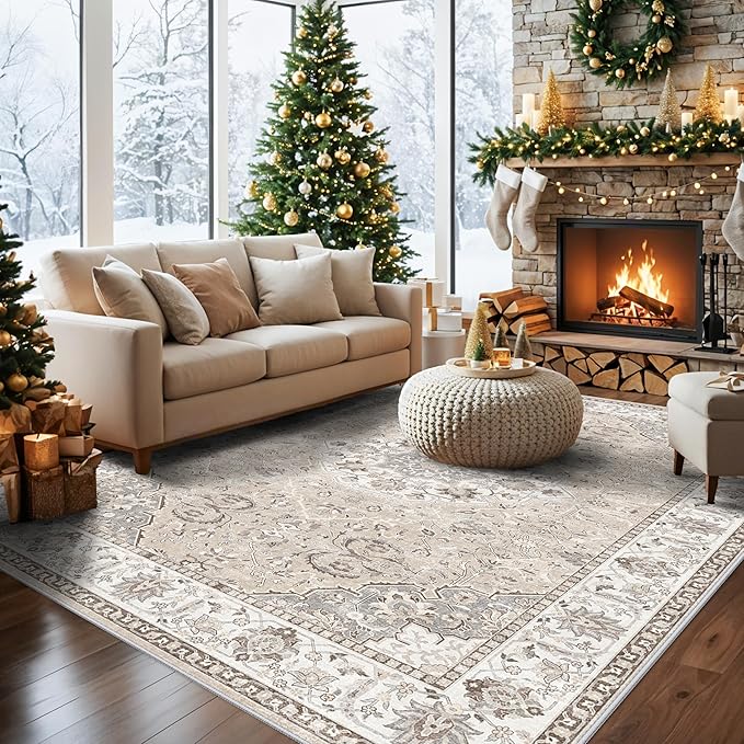 7x10 Area Rug for Living Room: Washable Neutral Vintage Large Rugs for Bedroom, Office, Dining Room, Kids Room, Farmhouse Durable Low Pile Non Slip Carpet for High Traffic Areas(7x10 Beige)