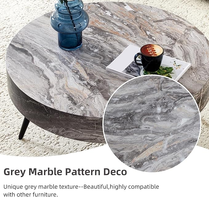 LKTART Coffee Table for Living Room, Round Wood Coffee Tables, Modern Metal Accent Center Tea Table for Apartment Small Space (31Inch-Marble Grey)