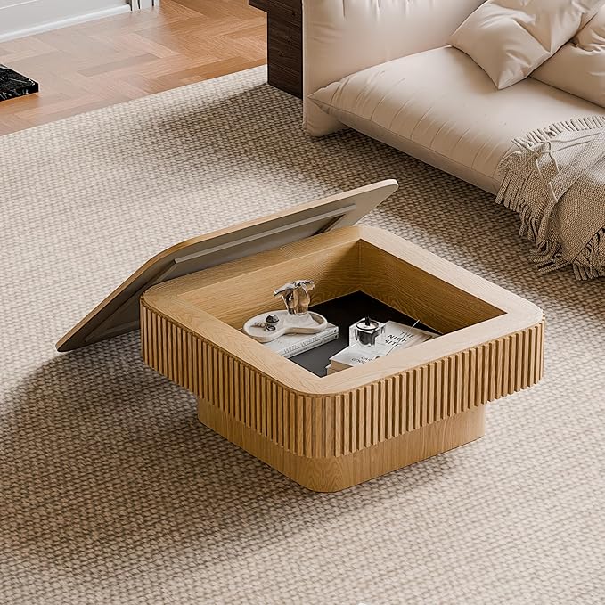 31.5'' Square Coffee Table with Storage, Mid Century Modern Fluted Drum Center Tables with Lid, Solid Wood Modern Coffee Table Accent Tea Table for Living Room, Bedroom, Apartment or Office, Natural